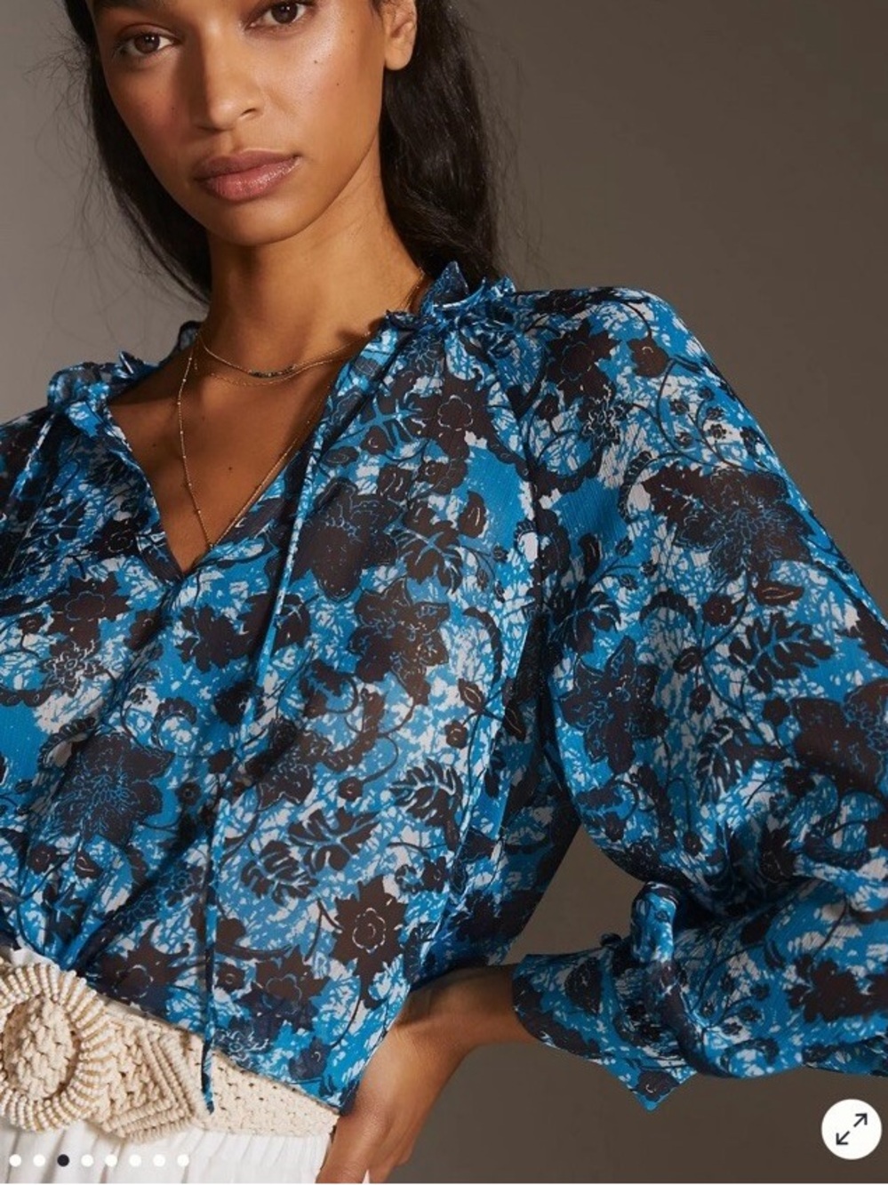 Anthropologie Sheer Printed Peasant Blue Floral Print Ruffle Blouse (B)